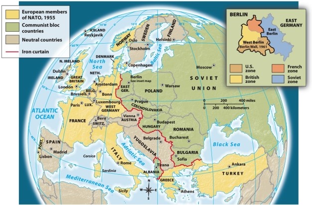 According to Map 26.1: The Division of Europe after World War II, which country was part of the Communist bloc?   A)  Norway B)  Turkey C)  Yugoslavia D)  Hungary