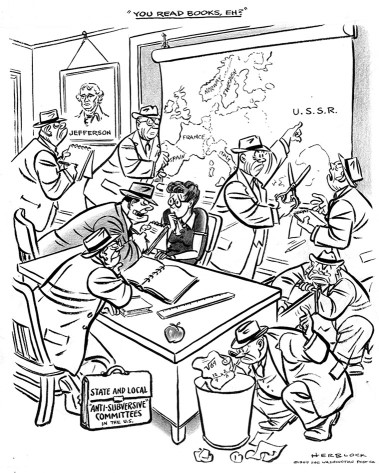 Why might the cartoonist of the image in the Visual Activity titled  The Red Scare  have included a portrait of Thomas Jefferson as a comment on the Red scare?   A)  Because Jefferson wrote the Bill of Rights, and McCarthyism infringed on the rights of Americans B)  Because Jefferson was a fervent anti-Communist C)  Because Jefferson strongly supported all political dissent D)  Because Jefferson sponsored the Alien and Sedition Acts in the late eighteenth century, which attempted to squash dissent