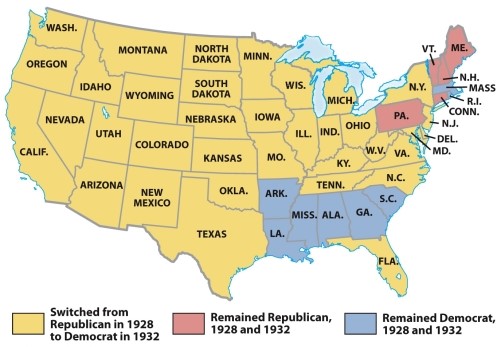 <strong>According to Map 24.2: Electoral Shift, 1928-1932, which states were most likely to have voted Democrat in both the 1928 and 1932 elections? </strong> A) Midwestern states B) More recently admitted western states C) States in the Deep South D) States with highly concentrated urban areas