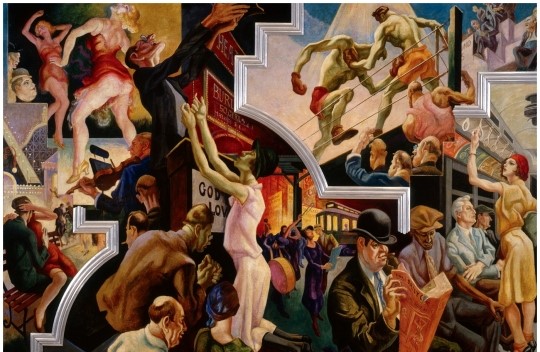 <strong>What aspects of city life were emphasized in the City Activities Mural? </strong> A) The vibrant entertainment culture of cities B) The hard work performed by city dwellers C) The ethnic diversity of cities D) The patriotism and support for President Roosevelt common in cities