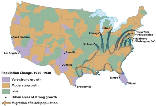 According to Map 23.2: The Shift from Rural to Urban Population, 1920-1930, what was a major destination for African American migrants in the 1920s?   A)  Tampa B)  San Francisco C)  Los Angeles D)  Washington, D.C.