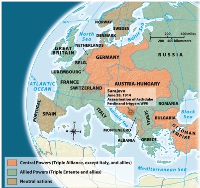 According to Map 22.2: European Alliances after the Outbreak of World War I, which nation remained neutral following the outbreak of World War I?   A)  Luxembourg B)  Bulgaria C)  Albania D)  Serbia