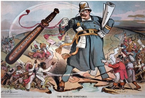 <strong>In the 1905 political cartoon titled The World's Constable, why was Theodore Roosevelt surrounding by smaller, pleading figures? </strong> A) To emphasize his imposing physical stature B) To represent the global need and desire for Roosevelt and the United States to act as the world's policemen C) To signify the power and might of white men over foreigners D) To emphasize America's military might and new role as an empire