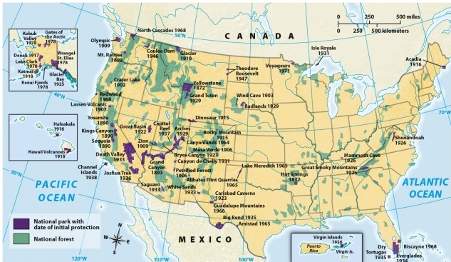 According to Map 21.1: National Parks and Forests, which of the following was the most recently established national park or forest?   A)  Guadalupe Mountains B)  Bryce Canyon C)  Redwood National Park D)  Yellowstone National Park