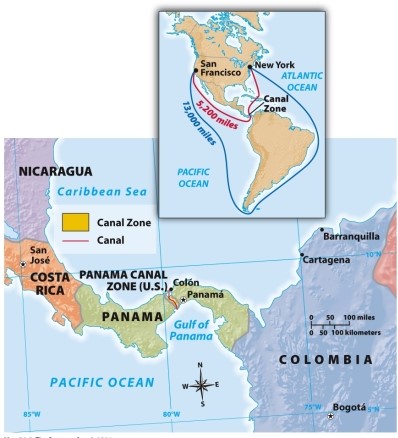 According to Map 21.2: The Panama Canal, 1914, what was one benefit of the Panama Canal?   A)  The U.S. Navy could navigate through the middle of Costa Rica. B)  The U.S. Navy could navigate more quickly from New York to the southern coast of Africa. C)  The U.S. Navy had a shorter path from the Atlantic to the Pacific. D)  The Caribbean Sea became accessible to the U.S. Navy for the first time.