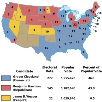 According to Map 20.1: The Election of 1892, which of the following was true of the election of 1892?   A)  A majority of the public voted for the People's Party candidate. B)  Most of the southern states voted for the Democratic candidate. C)  Most of the southern states voted for the Republican candidate. D)  Most states were evenly split between the Democratic and Republican candidates.