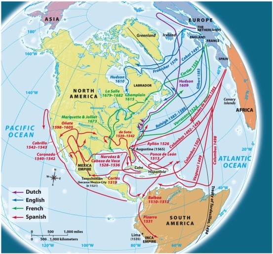 According to Map 2.2: European Exploration in Sixteenth-Century America, which European explorers traveled to the Inca empire?   A)  The Dutch B)  The English C)  The Spanish D)  The French