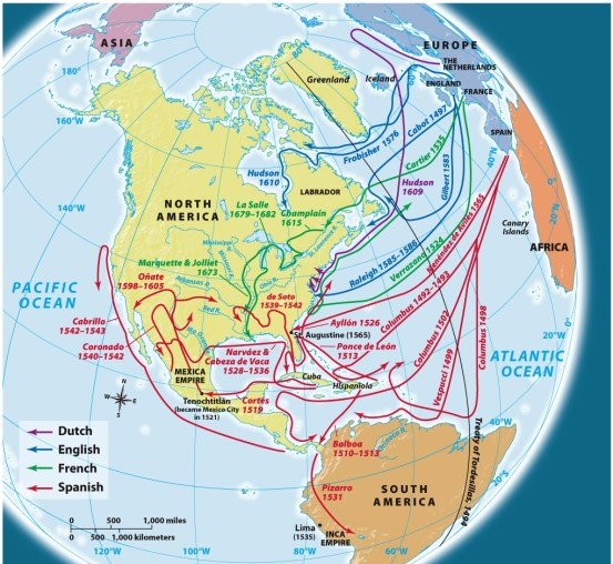 According to Map 2.2: European Exploration in Sixteenth-Century America, which European country was the last to send explorers to the New World?   A)  The Netherlands B)  France C)  Spain D)  England
