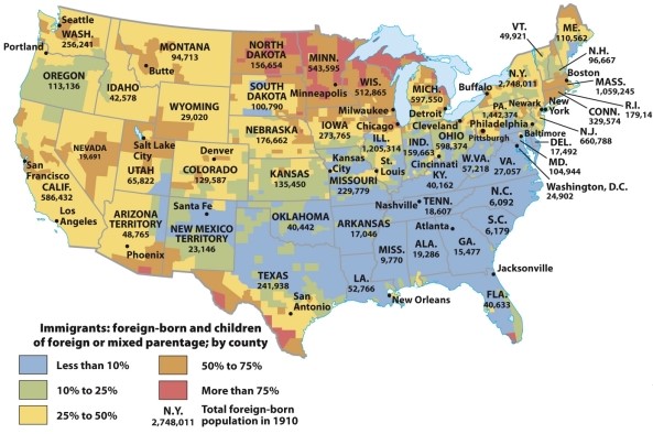 <strong>According to Map 19.2: The Impact of Immigration, to 1910, which region had the highest percentage of immigrants in ca. 1910? </strong> A) West Coast B) East Coast C) South D) The border states