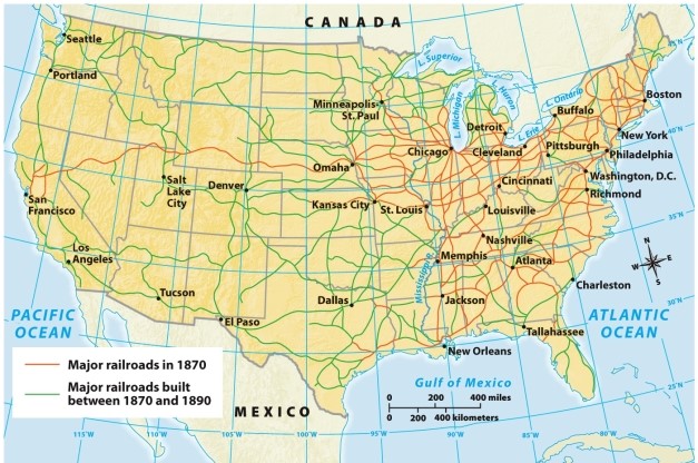 According to Map 18.1: Railroad Expansion, 1870-1890, which of the following statements is true?   A)  Most major railroads along the East Coast were built before 1870. B)  Most major railroads converged in Salt Lake City. C)  Most major railroads along the West Coast were built before 1870. D)  Most major railroads converged in Dallas.