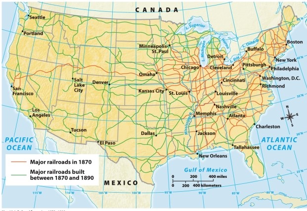 According to Map 18.1: Railroad Expansion, 1870-1890, which city was a major railroad hub in 1870?   A)  Chicago B)  Seattle C)  Dallas D)  Jackson