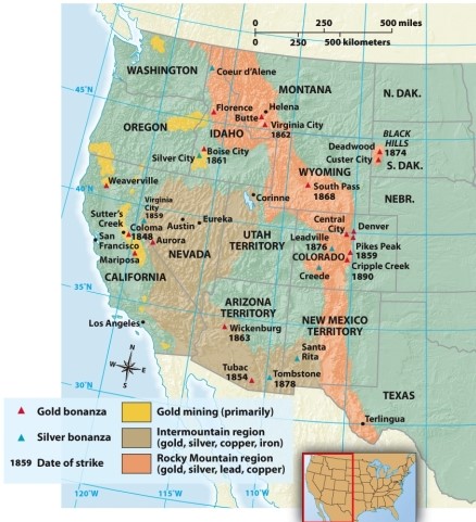 According to Map 17.2: Western Mining, 1848-1890, in which state was lead available?   A)  California B)  Nevada C)  Wyoming D)  Oregon