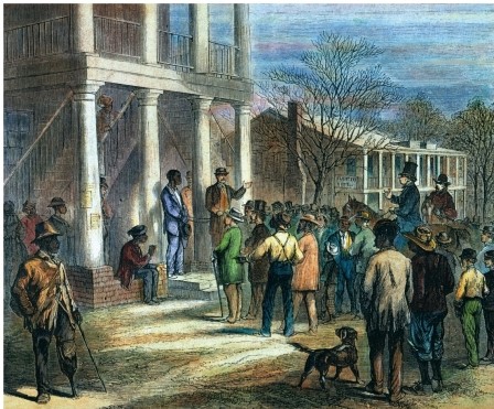 The 1868 drawing Selling a Freeman to Pay His Fine at Monticello, Florida, equated the newly instated black codes to what?   A)  Reenslavement B)  The enfranchisement of women C)  The establishment of a government dominated by blacks D)  The rehabilitation of the southern economy