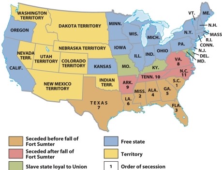 According to Map 15.1: Secession, 1860-1861, which slave state seceded from the Union?   A)  Missouri B)  Arkansas C)  Kentucky D)  Maryland