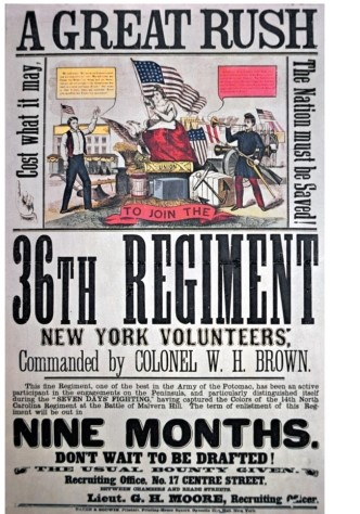 Why might have this federal recruiting poster have exclaimed:  Don't wait to be drafted! ?   A)  Because being drafted was more shameful than enlisting B)  Because those who waited to be drafted were given more dangerous jobs C)  Because the instatement of a draft would signify that the Union was in grave danger of losing the war D)  Because the draft was associated with the South