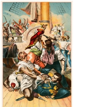 In the painting  Saving the Life of Commodore Decatur,  which of the following indicates that the Tripolitan soldiers were different from the Americans?   A)  Their clothing and weapons B)  Their age and gender C)  Their physical size and stature D)  Their complexions