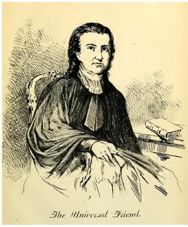 In this image, why was Jemima Wilkinson portrayed in a shapeless robe and with swept-back, curled hair?   A)  To convey that she was a person with no gender B)  To signify that she was wealthy C)  Because those styles were popular among women at that time D)  To make her appear very feminine