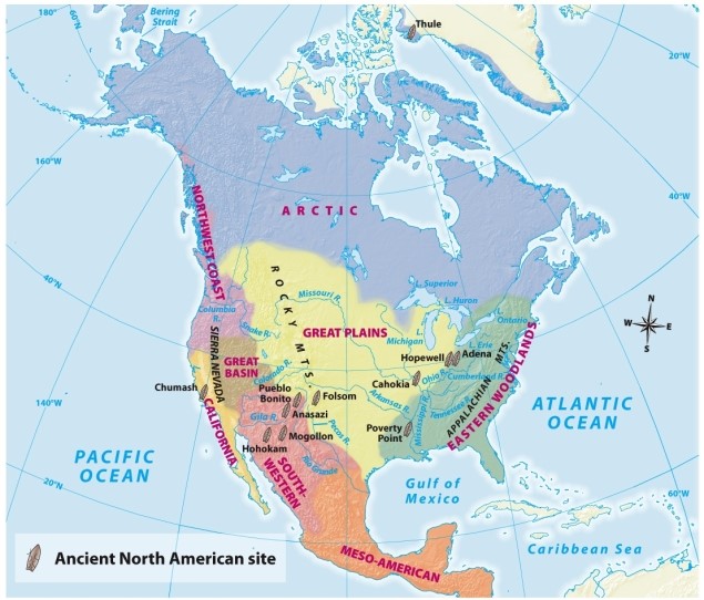<strong>According to Map 1.2: Native North American Cultures, what was among the most important factors in setting boundaries between ancient cultures?  </strong> A) Different environmental features B) Distinct political systems C) Distinct language systems D) Different religions <div style=padding-top: 35px> 