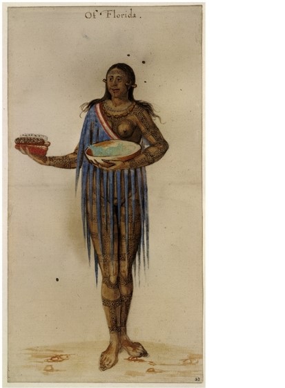 What can be inferred from the drawing  Florida Woman ?   A)  That Florida had unique crops not found in other parts of America B)  That Native American women were more associated with food practices than their male counterparts C)  That corn was a major contribution of Native Americans to the rest of the world D)  That native people had many varied ways of preparing corn
