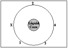 NARRBEGIN: Diagram 20-01 Diagram 20-1   NARREND -Diagram 20-1 shows a schematic of Earth.If an earthquake occurs at point X on Earth's surface,at which of the locations indicated by numbers would observers receive P waves from this earthquake? A)  1 & 2 B)  3 & 4 C)  1,2,& 3 D)  only 4 E)  all of them