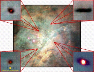 Hubble Space Telescope images of disk shaped clouds of gas and dust around newly formed stars in the Orion Nebula are shown.Different ones are edge-on or tilted toward face-on.Astronomers think___________ are probably forming in these disks.   A)  our solar system B)  other planets C)  galaxies D)  quasars