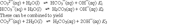 About half of the sodium carbonate produced is used in making glass products because it lowers the melting point of sand, the major component of glass. When sodium carbonate is added to water, it hydrolyses according to the following reactions.   What is the value of K<sub>3</sub>? A)  K<sub>1</sub> *K<sub>2</sub> B)  K<sub>1</sub> ¸ K<sub>2</sub> C)  K<sub>1</sub> + K<sub>2</sub> D)  K<sub>1</sub> - K<sub>2</sub> E)  (K<sub>1</sub>K<sub>2</sub>) <sup>2</sup>