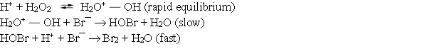 Consider the following mechanism for the oxidation of bromide ions by hydrogen peroxide in aqueous acid solution.   Which of the following rate laws is consistent with the mechanism? A)  Rate = k[H<sub>2</sub>O<sub>2</sub>][H<sup>+</sup>]<sup>2</sup>[Br¯] B)  Rate = k [H<sub>2</sub>O<sup>+</sup> <sup> </sup>   OH][Br¯] C)  Rate = k[H<sub>2</sub>O<sub>2</sub>][H<sup>+</sup>][Br¯] D)  Rate = k[HOBr][H<sup>+</sup>][Br¯][H<sub>2</sub>O<sub>2</sub>] E)  Rate = k[Br¯]