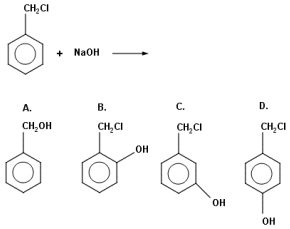 Identify the principal organic product when benzyl chloride reacts with aqueous sodium hydroxide.    A)  A B)  B C)  C D)  D E)  None of these choices are correct.