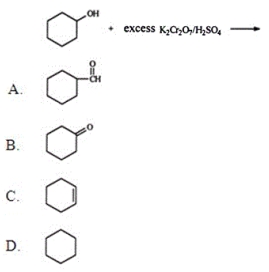 <strong>Identify the organic product when cyclohexanol reacts with excess potassium dichromate in the presence of sulfuric acid.  </strong> A) A B) B C) C D) D E) None of these choices are correct. <div style=padding-top: 35px> 
