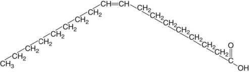 Oleic acid is a fatty acid that occurs naturally in many animal and vegetable fats and oils. What can you tell about oleic acid just by looking at its structure?   A) Oleic acid is an unsaturated fatty acid. B) Oleic acid is a saturated fatty acid. C) Oleic acid is a trans fatty acid.