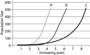 This figure depicts population growth for three different populations.   -Which population is growing at the fastest rate? A) Population A B) Population B C) Population C D) They are all growing at the same rate.