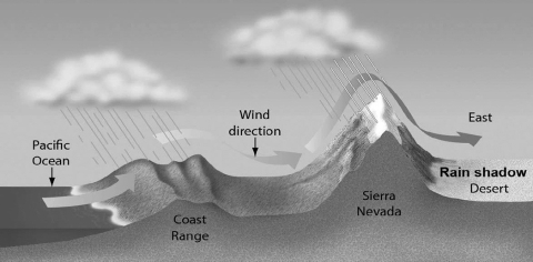 The figure indicates that ________.   A) mountains can block the flow of moist air from a coast, causing radically different climates on opposite sides of a mountain range B) the direction of wind affects how much moisture evaporates in the photic zone of the Pacific Ocean C) rainfall creates freezing temperatures in mountain ranges D) groundwater runoff causes massive erosion at the base of mountain ranges