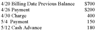 Calculate the average daily balance (assume a 30-day billing cycle):   