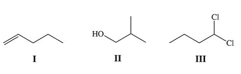 How many unique protons are present in each of the following compounds?   A) I = 6; II = 3; III = 6 B) I = 5; II = 4; III = 6 C) I = 6,II = 4,III = 4 D) I = 6; II = 4; III = 6