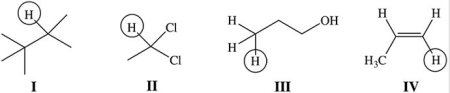 How many peaks would be observed for each of the circled protons in the compounds below?   A) I = 8; II = 4; III = 3; IV = 3 B) I = 7; II = 4; III = 3; IV = 4 C) I = 7; II = 3; III = 3; IV = 3 D) I = 7; II = 4; III = 2; IV = 4