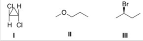 How many different kinds of protons are present in each of the following compounds?   A) I = 2; II = 4; III = 6 B) I = 2; II = 4; III = 4 C) I = 3; II = 3; III = 5 D) I = 2; II = 4; III = 5