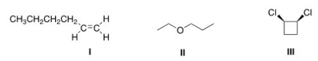 How many different kinds of protons are present in each of the following compounds?   A) I = 6; II = 5; III = 3 B) I = 7; II = 5; III = 3 C) I = 7; II = 6; III = 3 D) I = 6; II = 6; III = 3