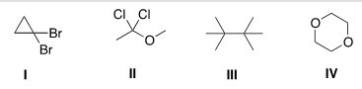 Which of the following compounds does not show only one signal in its <sup>1</sup>H NMR spectrum?   A) I B) II C) III D) IV