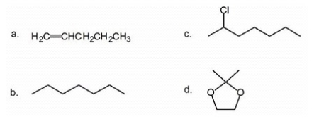 For each of the following compounds,indicate how many <sup>13</sup>C NMR signals will be observed.   A) a: 4; b: 4; c: 7; d: 4 B) a: 5; b: 4; c: 7; d: 3 C) a: 4; b: 7; c: 7; d: 3 D) a: 5; b: 4; c: 6; d: 5