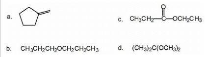For each of the following compounds,indicate how many <sup>13</sup>C NMR signals will be seen.   A) a: 3; b: 3; c: 5; d: 3 B) a: 4; b: 3; c: 5; d: 3 C) a: 3; b: 4; c: 5; d: 3 D) a: 4; b: 3; c: 3; d: 3