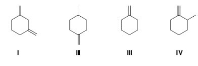Which of the following compounds would give rise to a <sup>13</sup>C spectrum with 6 peaks?   A) I B) II C) III D) IV