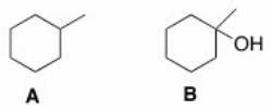 How could spectroscopy be used to distinguish between the following compounds?   A) Compound A has a triplet in its <sup>1</sup>H NMR spectrum at 1.0 ppm. B) Compound B has a peak at 3200-3500 cm<sup>-1</sup> in its IR spectrum. C) Compound A has a peak in its IR spectrum at 2900 cm<sup>-1</sup>. D) Compound A has a triplet in its <sup>1</sup>H NMR spectrum at 1.0 ppm and compound B has a peak at 3200-3500 cm<sup>-1</sup> in its IR spectrum.