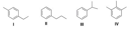 An unknown compound has the formula of C<sub>9</sub>H<sub>12</sub>.The following <sup>1</sup>H NMR peaks were observed: Doublet at Δ 1.22 Septet at Δ 2.83 Multiplet at Δ 7.09 From the data above,pick the compound below that fits the spectra data.   A) I B) II C) III D) IV