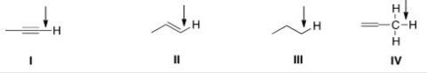 In an IR spectrum,which of the indicated C-H bonds exhibits a stretching absorption at the largest wave number?   A) I B) II C) III D) IV