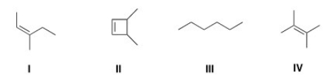 Which of the following structures is consistent with a compound that displays a molecular ion peak at 84 and infrared signals at 3000-2850 cm<sup>-1</sup> and no signals between 3000-3300 cm<sup>-1</sup>?   A) I B) II C) III D) IV