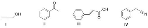 An IR spectrum has the following potentially important absorptions: 3091,3067,2963,2921,2252,1603,1499,1455,1416,1078,1031,941,735,and 696 cm<sup>-1</sup>.Indicate which structure corresponds to the IR data.   A) I B) II C) III D) IV