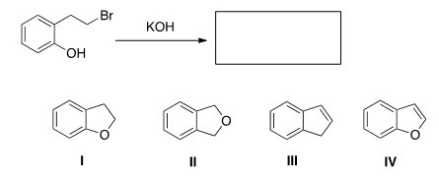 When the phenol shown below is treated with KOH,it forms a product whose IR spectrum does not show an absorption in the 3200-3600 cm<sup>-1</sup> region.Propose a structure for the product.   A) I B) II C) III D) IV