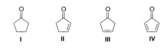 Which of the following compounds will have the lowest wavenumber for carbonyl absorption?   A) I B) II C) III D) IV