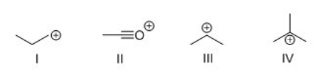 2,3-dimethylbutane gives a base fragment peak at m/z = 43.Which of the following is the most probable structure of the fragment ion?   A) I B) II C) III D) IV