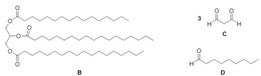 Triacylglycerol A yields compound B when treated with excess H<sub>2</sub>,Pd-C.Ozonolysis of A affords three molecules of compound C and one molecule of compound D.What is the structure of A?   Choices for Triglycerol A:   A) A B) B C) C D) D